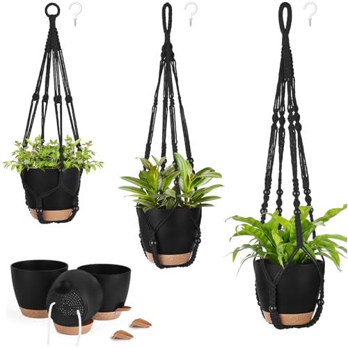Mkono Hanging Planters, Macrame Plant Hangers with Self Watering Plant Pots Indoor Set of 3 Hanging Baskets Flower Pot Holders with Hooks No Tassels 3 Different Size for Boho Home Decor - color: Black