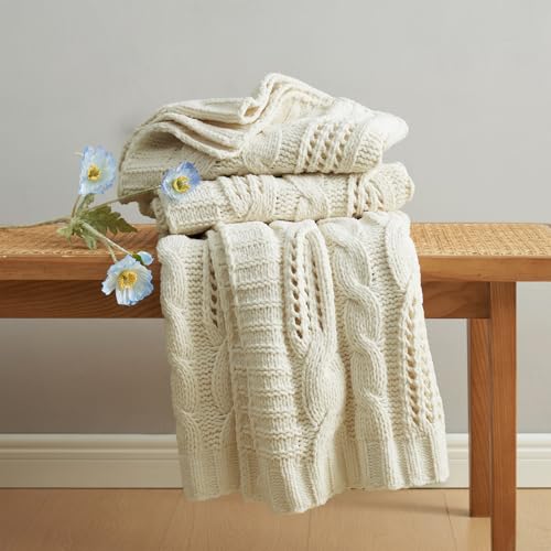 Amélie Home Chunky Knit Throw Blanket, Dual-Sided Soft Chenille Breathable Cable Knitted Blanket for Couch, Farmhouse Decorative Throw for Sofa & Chair, 50"x60", Ivory - color: Ivory, size: Cable Knit 50"x60"