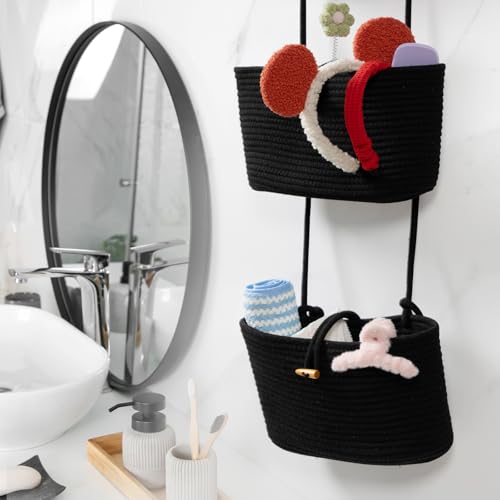 TeoKJ Over the Door Hanging Baskets with Button Strap, 3-Tier Woven Cotton Storage Organizer Bag, Wall-Mounted with Hook Decorative Hanging Nursery Baskets - Black - color: Black, style: 3 tier+Button
