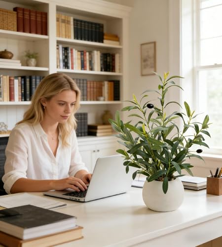 17" Artificial Olive Potted Plant with White Ceramic Planter Faux Olives Realistic Tabletop Indoor Plant for Home Office Kitchen Bathroom Decor - color: Olive