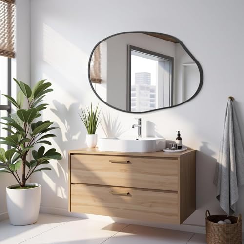 Large Irregular Wall Mirror Black Asymmetrical Bathroom Mirror Modern Decorative 26"x37.5" Aluminum Alloy Frame for Bathroom, Living Room, Entryway, Bedroom - color: Black, size: 37.5"L x 26"W