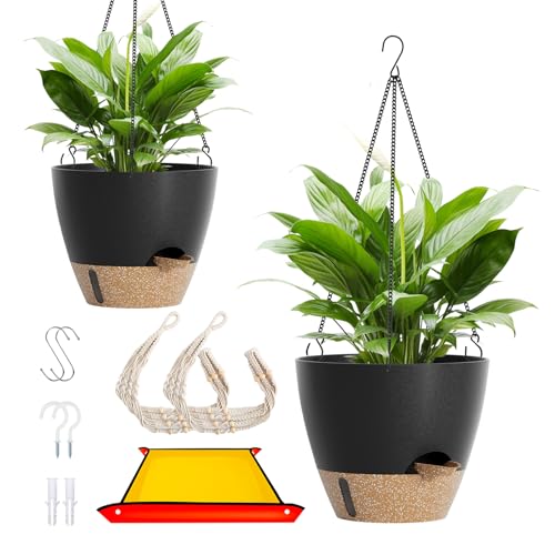 LEWESU Set of 2 Hanging Planters for Indoor Plants with Self Watering Includes Hanging Pots and 2 Types Plant Hangers, Outdoor Hanging Baskets Holder for Home Garden, 10 Inch Midnight Black - color: Midnight Black