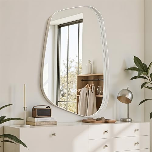 Irregular Wall Mirror 26"x40" Bathroom Mirrors Asymmetrical Artistic Decorative for Living Room Bedroom Bathroom Hallway Entryway,Trapezoid,White - color: White, size: 40"L x 26"W