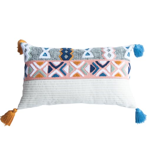 vctops Boho Tufted Throw Pillow Cover with Tassels, Bohemian Geometric Embroidery Cushion Cover Square Decorative Pillowcase for Sofa Couch Bedroom Home Decor, 18"x18" - size: 12"x20"