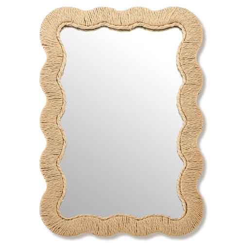 Junkin Boho Coastal Mirror Natural Wicker Scalloped Rattan Mirror with Decorative Rattan Frame Boho Coastal Decor for Bathroom Living Room, Entryway Decor(Rectangle,10.4 x 15.8 in) - size: 15.8"L x 10.4"W, style: Rectangle