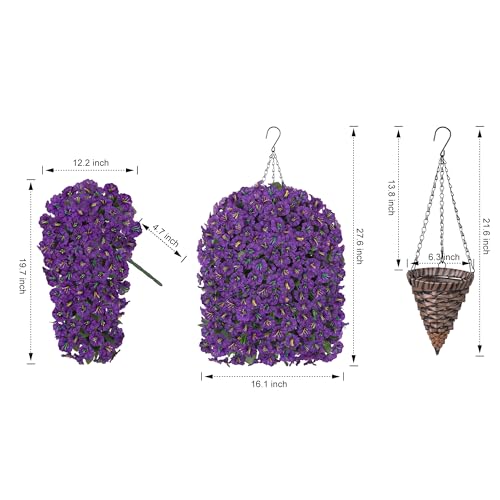 Artificial Fake Flowers Plants Hanging Baskets Outdoor Outside Spring Decor, Faux Silk Purple UV Resistant Look Real Morning Glory Home Patio Porch Balcony Decoration - color: Purple