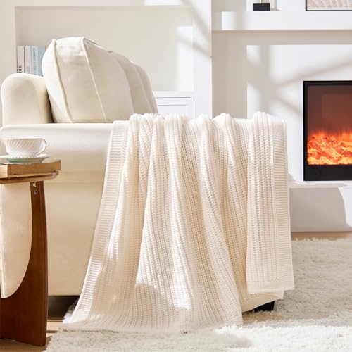 Cream White Chunky Knit Throw Blanket 50"x60" - Soft Cozy Thick Knitted Blanket for Couch Sofa Bed, Cute Christmas Decorative Throw for Living Room - color: Cream White, size: 50"x 60"