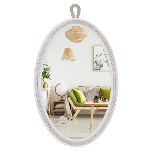 Oval Mirrors for Wall Decor Small White Nautical Rope Mirror Hanging Decorative Beach Coastal Mirror,24''Lx16''W,Oval - size: 23.4"L x 15.6"W