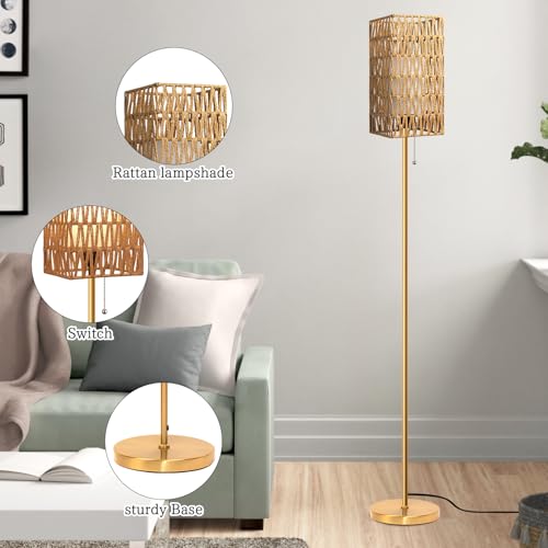 Ruiever Floor Lamp for Living Room,Farmhouse Floor lamp,Modern Standing lamp with Hand-Worked Rattan Shade (Square Rattan Shade Body Gold Color-3 Color Bulb) - style: Square Rattan Shade Body Gold Color-3 Color Bulb