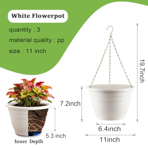 RooTrimmer Hanging Planters 11 Inch, 3 Pcs Flower Pots with Drainage Hole, Self Watering Hanging Basket for Indoor Outdoor Plants, Decor, White - color: White, size: 11 Inch-3P