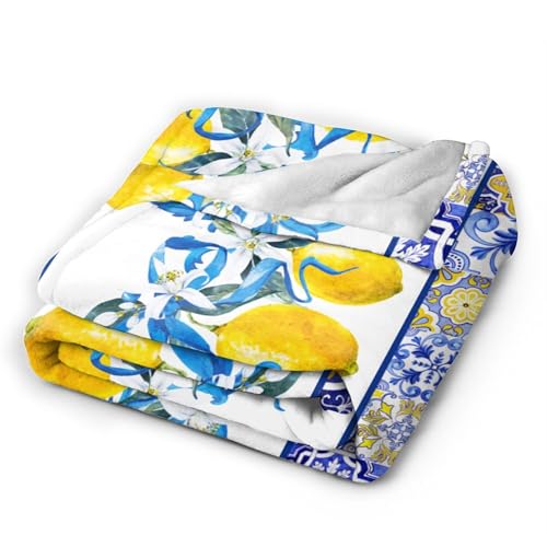 Blue Lemon Throw Blanket for Couch Chair Sofa Bed, Flannel Soft Mediterranean Ceramic Tiles Elegant Baroque Blanket for Bedroom Living Room Car, Warm Cozy Farmhouse Blankets for All Season 30"x 40" - color: Lemon03, size: 30X40 inch