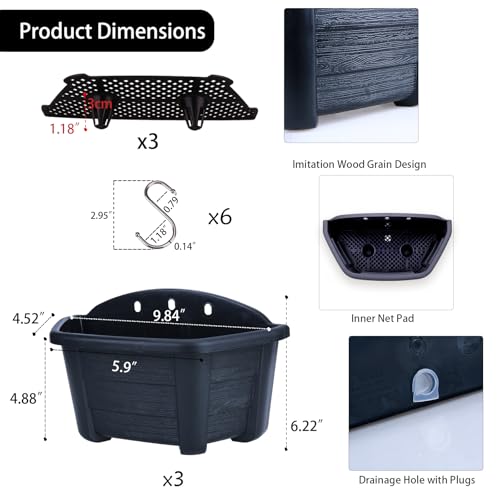 summer flower 3 Pack Hanging Planters for Railing, 9.84 Inch Plastic Window Box with Drain Hole Plug, Indoor Outdoor Flower Pots for Balcony Fence Garden Decor (Black) - color: Black