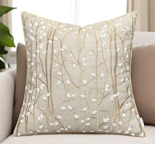 VAGMINE Embroidered Magnolia Branch Botanical 18x18 Throw Pillow Cover - Natural Linen Square Cushion for Sofa Couch Bed - Cottagecore Farmhouse Spring Decor - Forest - color: Natural-forest, size: 18" x 18" (Pack of 1)