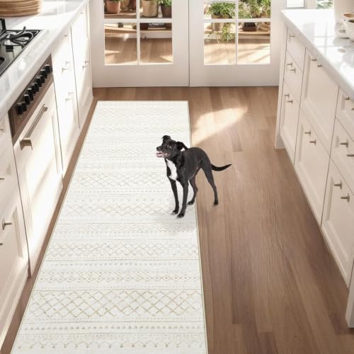 Runner Rug 2x7 Boho Geometric Area Rugs: Washable Kitchen Rug, Soft Non Slip Moroccan Long Hallway Rugs for Bedroom Bathroom Laundry Entryway Staircase Foyer(Beige,2X7) - color: Beige, size: 2' X 7' (Rectangular)