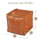 Pouf Ottoman, Unstuffed Pouf Cover, Handmade Faux PU Leather Moroccan, Orange Brown 17.7" Square, Foot Rest for Living Room, Floor Chair Gifts for Men Women, (Only Cover)