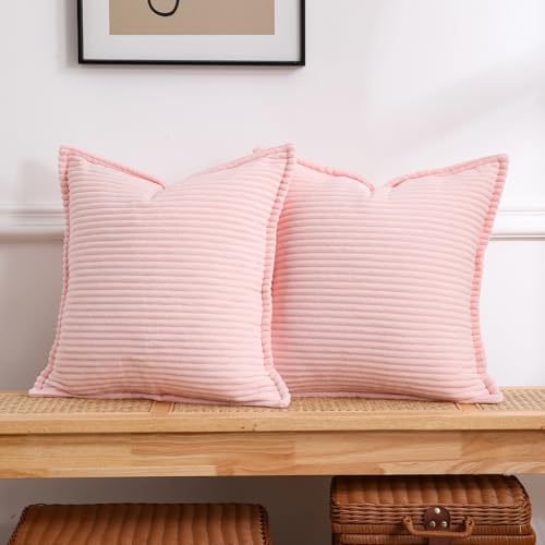 Valentines Day Decorations Corduroy Pink Throw Pillow Covers Set of 2 Striped Boho Decorative with Edge Design,Super Soft Throw Pillow Cushion Covers for Couch Sofa Living Room Solid Square 18×18inch - color: Pink, size: 18" x 18" (Pack of 2)