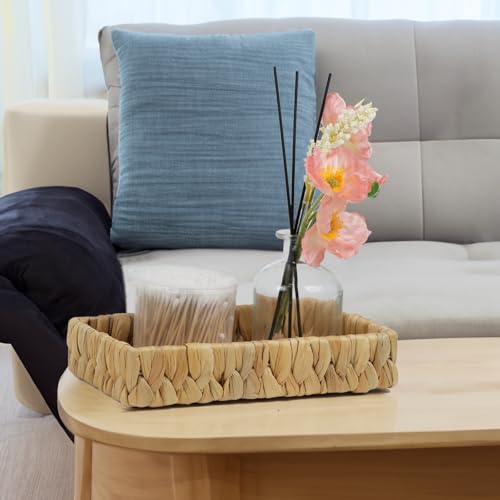 Bathroom Tray Countertop, 10 Inch Water Hyacinth Bathroom Basket, Toilet Tank Bathroom Vanity Tray, Rattan Wicker Tray for Bathroom Decor Coffee Table (Small) - size: 10.1" x 6" x 2"