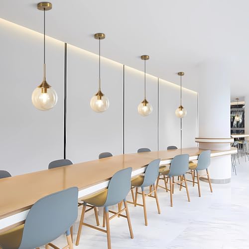 KCO Lighting Mid Century Modern Kitchen Island Pendant Lighting Gold 1-Light Amber Glass Globe Pendant Light Brushed Brass Large Living Room Pendant Light Fixture (2 Pack) - color: Gold+Amber-2PC