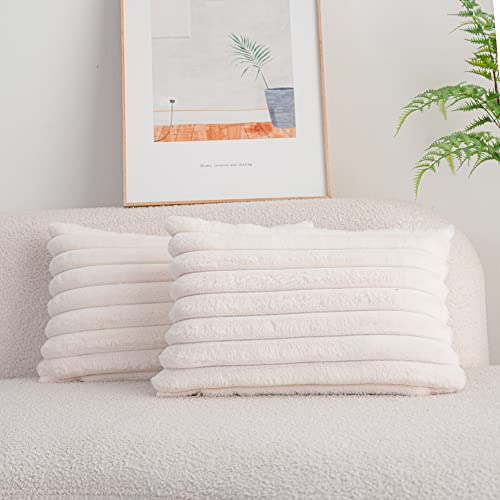 DEELAND Pack of 2,Double-Sided Faux Fur Plush Decorative Throw Pillow Covers Fuzzy Striped Soft Pillowcase Cushion Covers for Sofa Couch Bedroom - color: Cream White, size: 20" x 12" (Pack of 2)
