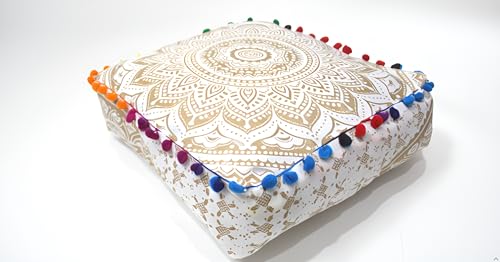 INDIAN CRAFT CASTLE ICC Mandala Barmeri Large Floor Pillow Cover Cushion Meditation Seating Ottoman Throw Cover Hippie Decorative Zipped Bohemian Pouf Ottoman Cases White Gold, 18" Square - color: White Gold, size: 16"D x 16"W x 5"H