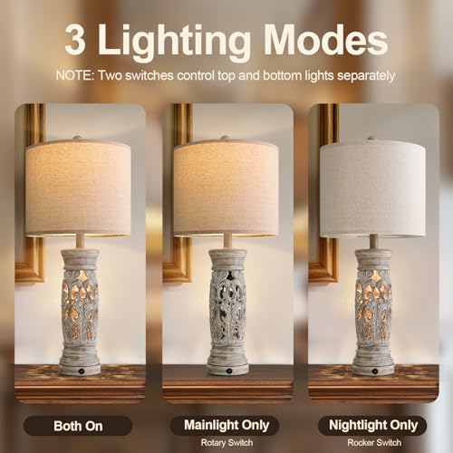 BOBOMOMO 27.25” Rustic Farmhouse Table Lamps Set of 2 – Vintage Bedside Lamps with Night Light & USB A+C Ports, Retro Lamps for Bedroom, Living Room, Entryway, Cozy Corner (Bulbs Included) - color: Distressed Light Wood