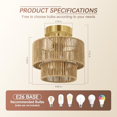 BoostArea 8.66” Boho 2-Tier Rattan Ceiling Light Fixture, Semi Flush Mount Woven Chandelier for Bedroom, Dining Room, Kitchen, Entryway, Living Room(Bulb not Included) - color: Brown