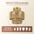 BoostArea 8.66” Boho 2-Tier Rattan Ceiling Light Fixture, Semi Flush Mount Woven Chandelier for Bedroom, Dining Room, Kitchen, Entryway, Living Room(Bulb not Included) - color: Brown