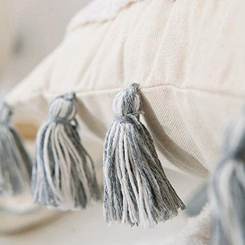 Boho Tufted Lumbar Throw Pillow Covers - Farmhouse Neutral Decorative Cushion Cover with Tassels - Rectangular Woven Pillow Covers for Couch Living Room Sofa (12X20 inch, Vertical Stripe)
