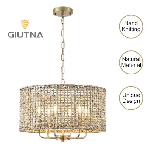 20" Rattan Hand-Woven Boho Chandelier for Dining Room, 6-Light Rattan Drum Wicker Farmhouse Large Vintage Chandelier Pendant Light Fixture for Kitchen Island Entryway(Gold) - color: Gold 6-Light 20" Drum