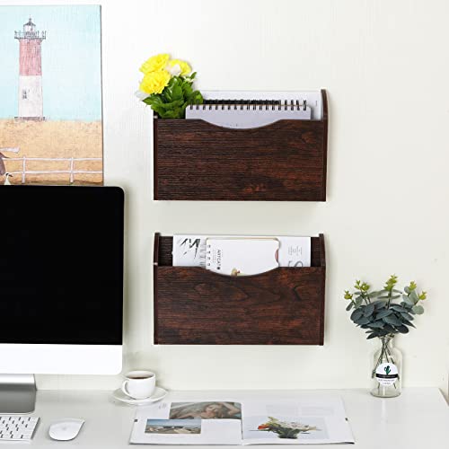 PAG Wall File Holder Wall Mounted Wood Hanging File Organizer for Office, 2 Pockets, Brown - color: Brown
