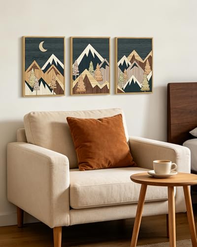 KUVIOKE Morden Mountains Framed Wall Art Boho Pine Tree Forest Nature Landscape Artwork Bohemain Farmhouse Rustic Home Decor 11x14in (Natural Framed) - color: Wooden Mountain, size: 11 x 14in x 3 Panels Natural