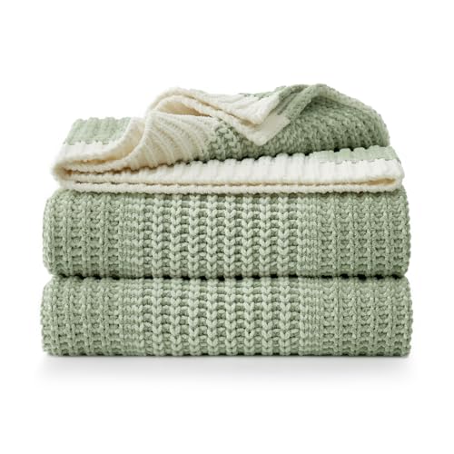 Amélie Home Premium Chenille Throw Blanket, Soft Cozy Luxury Two-Tone Knit Blanket for Couch, Sofa, Chair, Home Decor, Sage Green & Ivory 50"x60" - color: Two-tone Sage Green, size: 50" X 60"