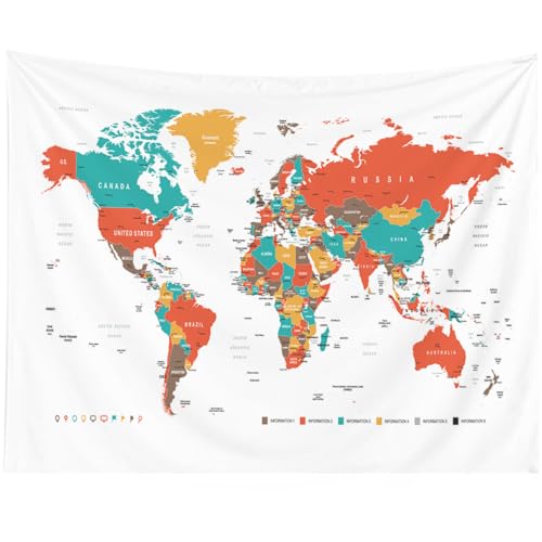 CAPSCEOLL College Wall Decor, Cute World Map Tapestry 60X50 Inches, Red Hanging Map Tapestry - color: White Orange, size: 60"L x 50"W