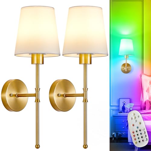 Depuley Battery Operated Wall Sconce: Set of 2 19.99" Wireless Wall Lights with Remote for Bedroom - Rechargeable 15 Colors Gold Wall Lamp for Living Room Hallway Decor - color: Gold, size: 19.9 Inch