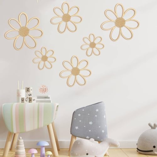 Thyle 6 Pcs Daisy Wall Decor Wooden Daisy Wall Sculptures Art Flowers Signs Hanging Plaque for Home Nursery Bedroom Farmhouse Bathroom Decorations Housewarming Gifts(Wood Color) - color: Wood Color