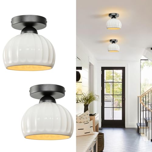 Black Semi Flush Mount Ceiling Light - 2 Pack, Glaze Ceramic Vintage Hallway Light Fixtures, Milk White Globe Ceiling Lights, Mid Century Small Light Fixture for Cottage Entryway Laundry Room Foyer - color: Glaze Ceramic-Black