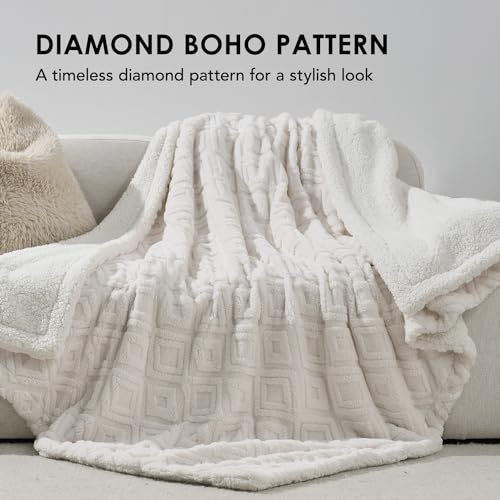 EverGrace Jacquard Boho Sherpa Fleece Throw Blanket for Couch, Super Soft Cozy Fuzzy Plush Blankets for Winter, Reversible Thick Warm Blanket for Bed, Sofa, Living Room, Off White, 50" x 60" - color: Off White, size: 50x60 Inches