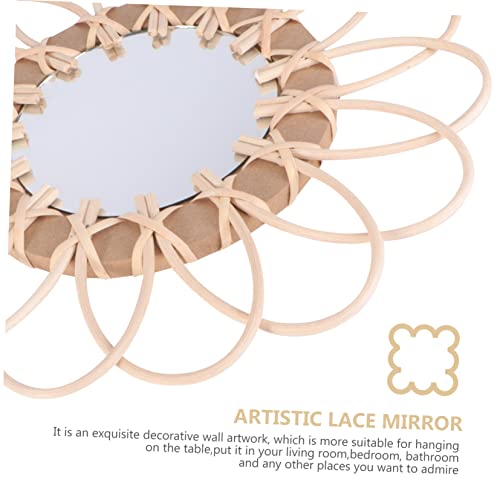 PRETYZOOM 1pc Boho Decorative Woven Mirror Handcrafted Wall-Mounted Makeup Mirror for Beige for Living Room Bedroom Bathroom Wall Art