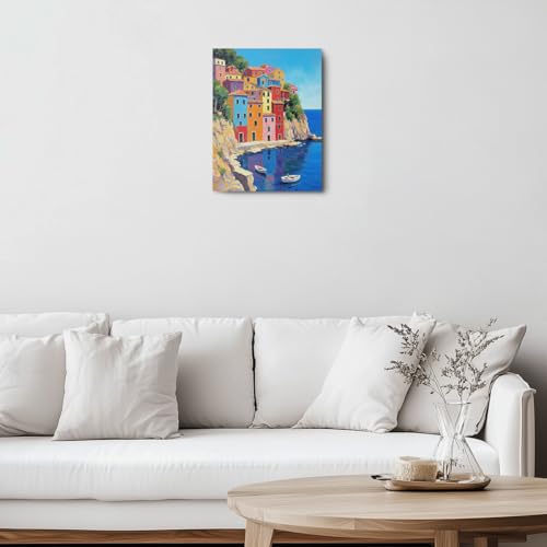 Italian Town Square Wall Art, Colorful Cityscape Canvas Framed Prints Modern Decorations Summer Aesthetic Poster for Living Room Kitchen Farmhouse Dining Room 11.5x15 Inch - color: Multi 1384
