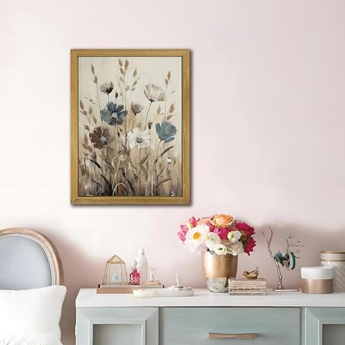 Yaneiro Wood Framed Vintage Wildflower Wall Art, Boho Canvas Wall Decor Paintings, Sage Flower Bathroom Decor, Countryside Farmhouse Landscape Posters Print for Bedroom Hallway Living Room 12x16 Inch - color: Gray Wildflowers, size: 16"L x 12"W