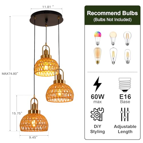 Modern Boho Gold Rattan Pendant Light 3-Lights Vintage Farmhouse Rattan Pendant Light Fixture Hand Woven Golden Bamboo Wicker Pendant Lights for Kitchen, Stairwell, Entryway, Living Room - color: Gold 3-Light