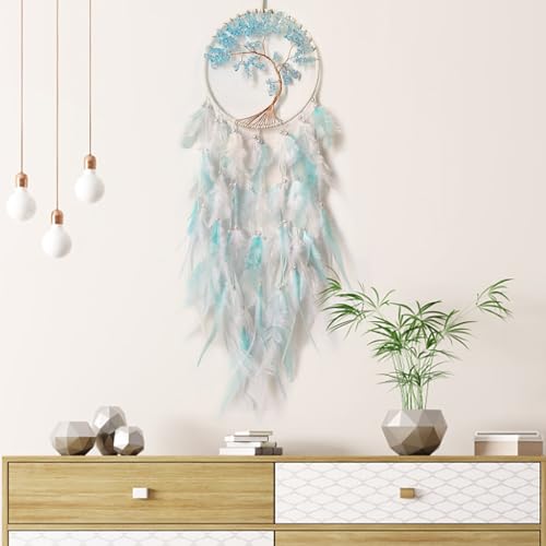 White and Cyan Dream Catcher with Tree of Life | Handmade, Wall Decor, Wall Hanging Ornament, Bedroom Living Room Home Decor