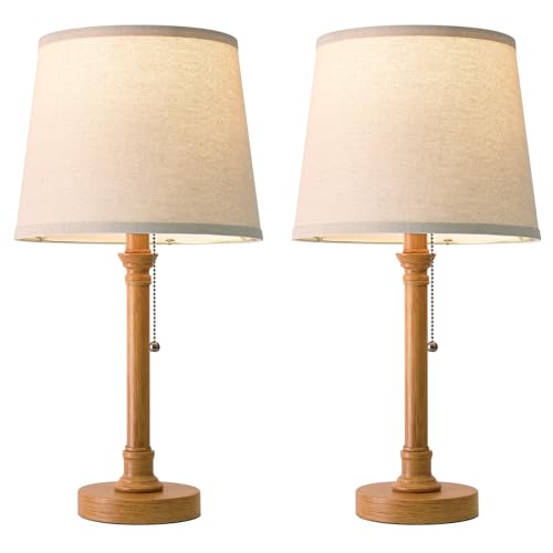 Oneach 19.5" Small Table Lamps Set of 2, Pull Chain Switch Bedside Metal Table Lamps, Modern Nightstand Lamp with Linen Shade, Rustic Lamp for Living Room, Bedroom, Home Office, Nursery - color: Wood Grain-2Pack