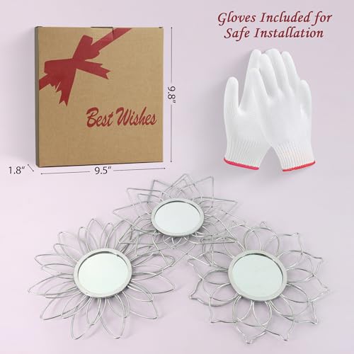 Silver Mirrors for Wall, 9 inch Metal Flower Mirrors Home Valentine Decoration, Valentine Wall Art Decorative Mirror Small Mirror for Living Room Bedroom, Entrance Set of 3 - color: Silver- B