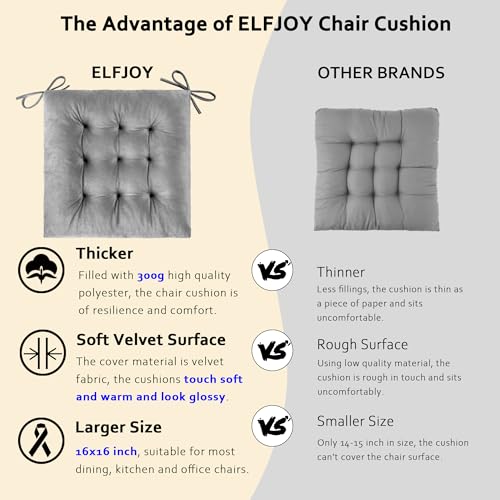 ELFJOY 4 Pack Chair Cushions for Dining Chairs Chair Pads Cushion for Kitchen Office Tufted Square Seat Cushion with Ties (16" Grey Velvet) - color: Grey