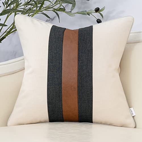 Yangest Patchwork Pillow Cover 18x18 Inch Luxury Cotton and Linen Cushion Cover Faux Leather Pillowcover for Couch Bedroom Living Room, White - color: L-white, size: 18" x 18" (Pack of 1)
