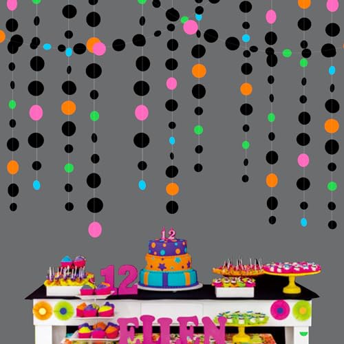 Black and Colorful Circle Dots Hanging Paper Streamer Black Multi-Color Polka Dot Banner for Birthday Bachelorette Wedding Baby Shower Fiesta Disco Halloween Party Decorations Supplies - color: Colorful Black