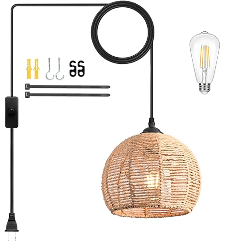 Plug in Mini Hemp Rope Woven Pendant Light Woven Light Fixture Boho Chandelier Wicker Pendant Lights Rattan Plug in Cord Hanging Lights Dome Wicker Chandelier for Bedroom (Bulb Incl.) - color: 8.7" Natural Plug In