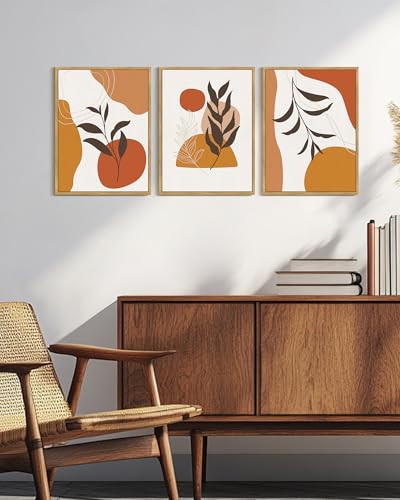 KUVIOKE Boho Wall Art Framed Canvas Botanical Mid Century Modern Wall Printing Orange Neutral Abstract Geometric Prints Bohemain Sage Decor for Farmhouse Living Dining Room 12x16in (Natural Framed) - color: Bohemain, size: 12 x 16in x 3 Panels Natural