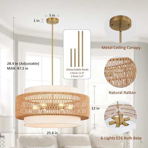 6-Light Boho Rattan Chandelier, 25.6" Large Rattan Pendant Light with Fabric Shade, Farmhouse Hand Woven Chandelier Hanging Ceiling Light for Dining Room, Living Room, Kitchen Island, Foyer, Hallway - size: 25.6" V-shaped weaving